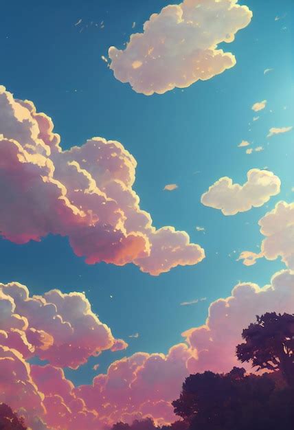 Premium Photo | A painted anime background of a sky with fluffy pink clouds