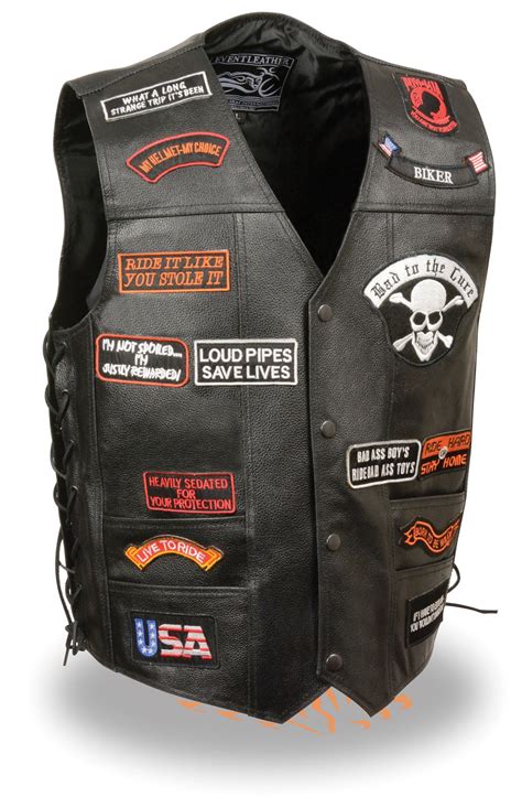 Men's Motorcycle Blk Side Lace Prepatched leather vest with 23 patches ...