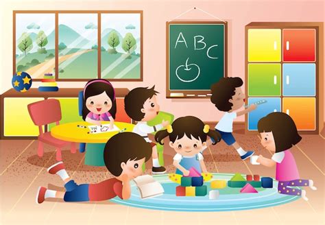 Kindergarten niños jugando y aprendiendo en la clase | Vector Premium