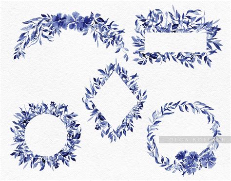 blue watercolor flowers and leaves on white paper with place for your ...