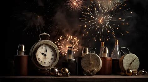 New Year Fireworks With Several Clocks And Objects Background, New Year ...