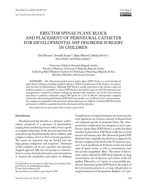 (PDF) Erector Spinae Plane Block and Placement of Perineural Catheter for Developmental Hip ...