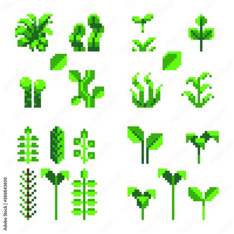 Different types leaves of tree pixel art 8-bit style icons set, isolated vector illustration ...