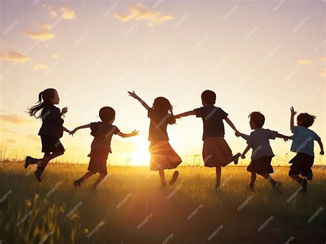 Premium AI Image | Silhouette group of happy children playing on meadow ...