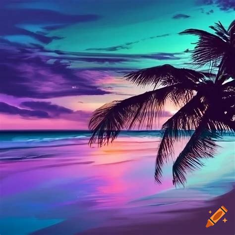 Beach sunset palm tree pastel teal blue purple impressionistic on Craiyon