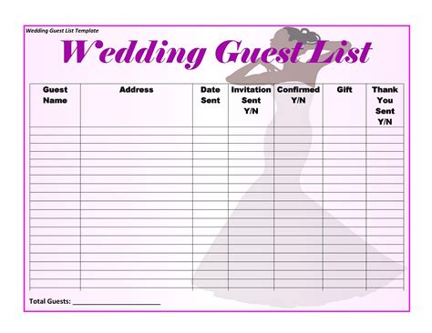 Free Printable Wedding Guest List Template