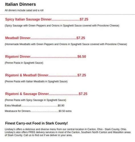 Lindsey's Pizza menu in Canton, Ohio, USA