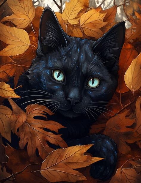 Premium AI Image | A black cat is surrounded by autumn leaves.