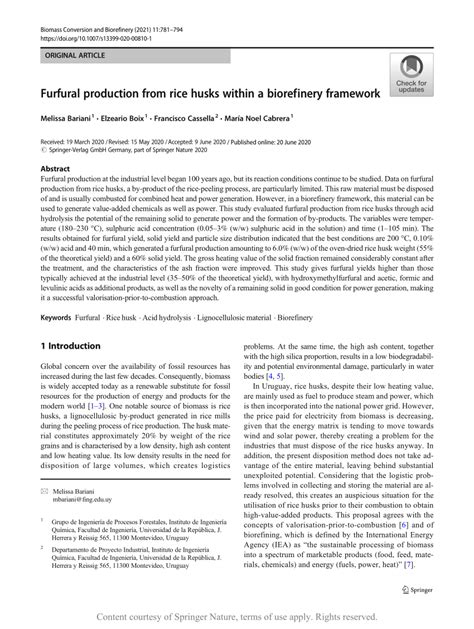 Furfural production from rice husks within a biorefinery framework ...