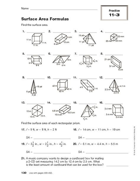 Surface Area Formulas Worksheet for 5th - 10th Grade | Lesson Planet