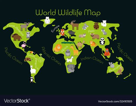 World wildlife map - continents with typical fauna