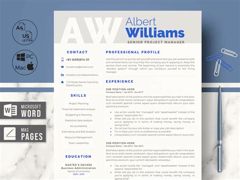 Professional Resume Template for Project Manager - ALBERT W by Hired Design Studio on Dribbble
