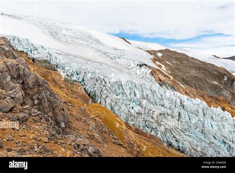 Melting glacier due to climate change on the Cayambe Volcano along hike to the peak, Cayambe ...