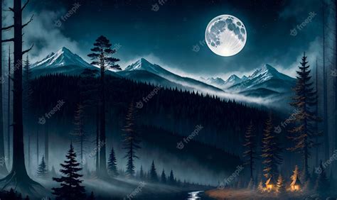 Premium AI Image | Full Moon night in the forest hills landscape ...