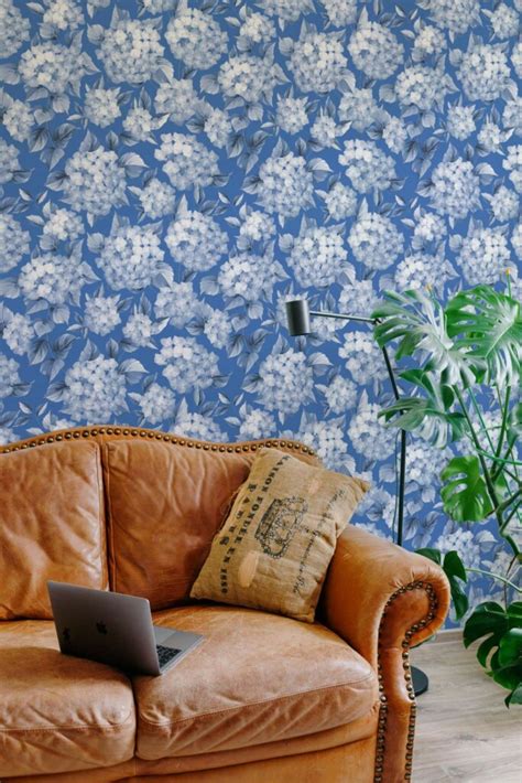 Blue hydrangeas Peel and Stick Wallpaper or Unpasted