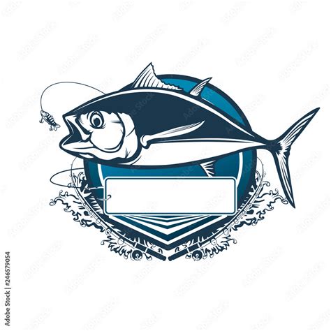 Tuna big fishing logo illustration. Tuna fish fishing vector emblem. Blue fin fish marine theme ...