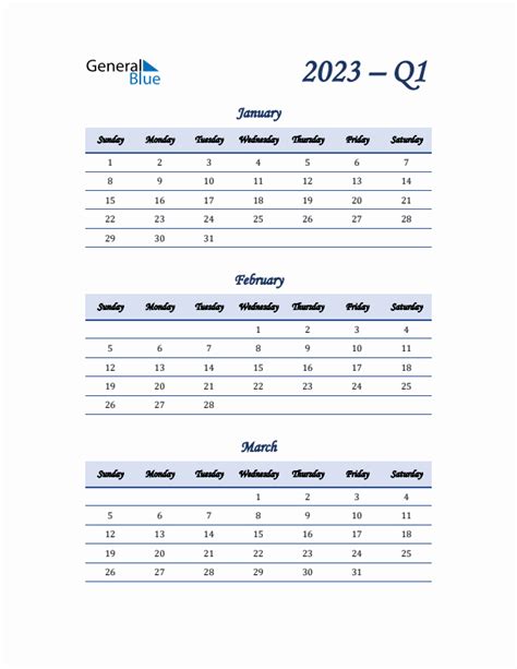 Q1 Quarterly Calendar 2023 in PDF, Word, Excel