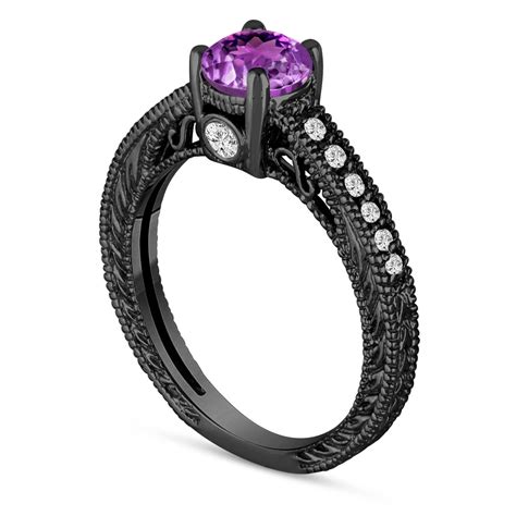 0.70 Carat Purple Amethyst Engagement Ring, Wedding Ring 14K Black Gold Vintage Antique Style ...