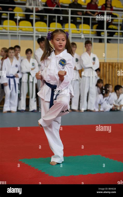 Girl performs karate demonstration on the sport arena Stock Photo - Alamy