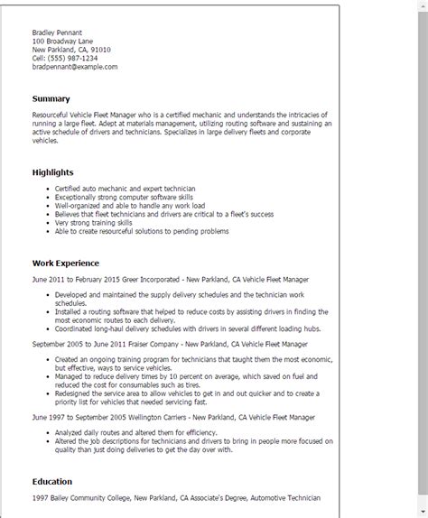 #1 Vehicle Fleet Manager Resume Example | MyPerfectResume
