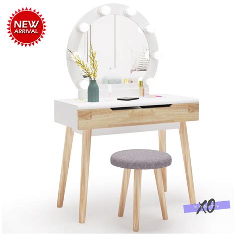 Tribesigns Vanity Set with Round Lighted Mirror, Wood Makeup Vanity Dressing Table Dresser Desk ...