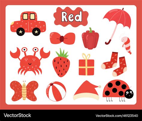 Set of red color objects primary colors flashcard Vector Image