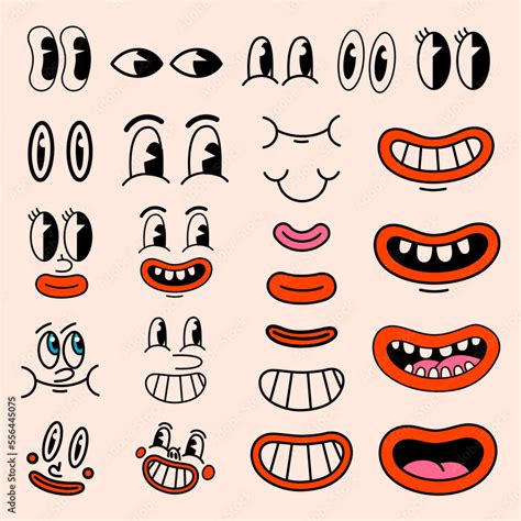 Retro cartoon characters funny faces. Vintage 50s, 60s comic eyes and mouths elements. Smiley ...