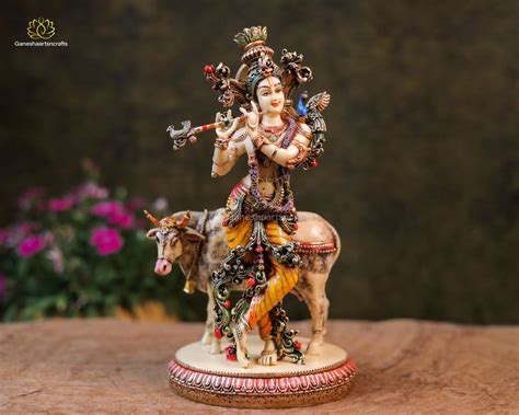 Cow Krishna Statue Lord Krishna Statue Cultured Marble Hand Painted ...