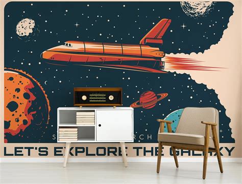 Retro Space Wallpaper, Explore the Galaxy, Spaceship and Celestial Bodies Self Adhesive, Peel ...