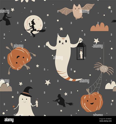 Cute Halloween seamless pattern with ghosts, bats, pumpkins, spider and ...