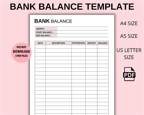 Bank Balance Printable Balance Sheet Bank Summary Finance Savings Log ...