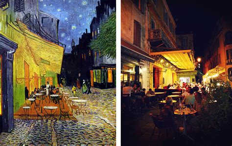 there are two pictures with people sitting at tables in the street and on the sidewalk