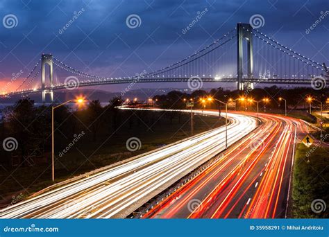 Verrazano Narrows Bridge Above The Light Trails Of The Belt Parkway ...