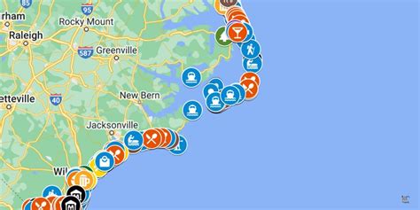 This map of NC Beaches (created with Google Maps) features attractions on the Outer Banks ...