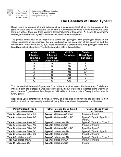 免费 Blood Types Genetics Chart | 样本文件在 allbusinesstemplates.com