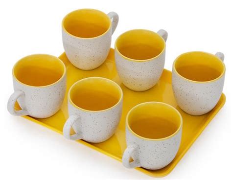 Somny White & Yellow 125 ML Cups with Tray Set of 7 At Rs.128