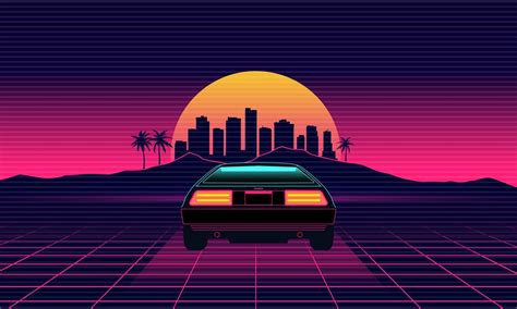 80's Retro car in 3D virtual reality. Sunset outrun landscape in ...