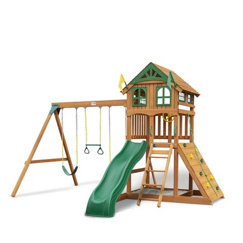 Gorilla Playsets Avalon 01-1078 Wood Swing Set with Wood Roof, Rock Wall, and Slide, Amber ...