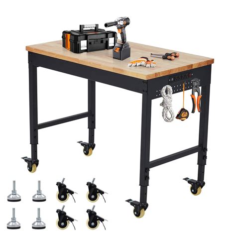 48" Adjustable Work Bench with Wheels, 2000 Lbs Capacity Rubber Wood ...