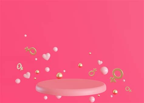 Premium Photo | Pink podium with flying hearts spheres and female gender signs Woman's Day ...