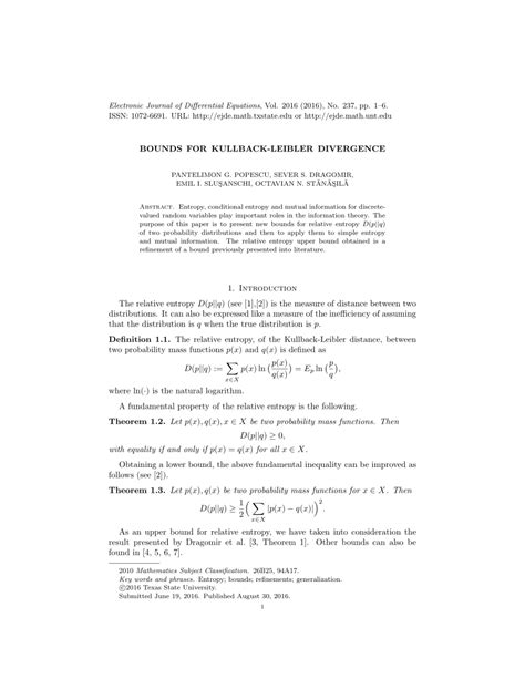 (PDF) Bounds for kullback-leibler divergence