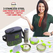 Buy 3 Stainless Steel Leak Proof Click & Lock Lunch Box + Bottle + Hot Carry Bag (SCLLBWB ...