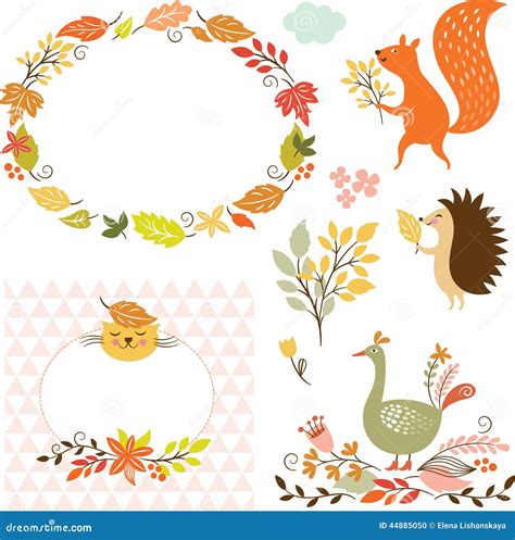 Set of Cartoon Characters and Autumn Elements Stock Vector - Illustration of green, decor: 44885050