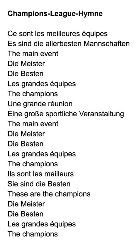 Fort getrennt Lebensmittelmarkt uefa champions league hymne Verdampfen Herrlich Oberleitungsbus