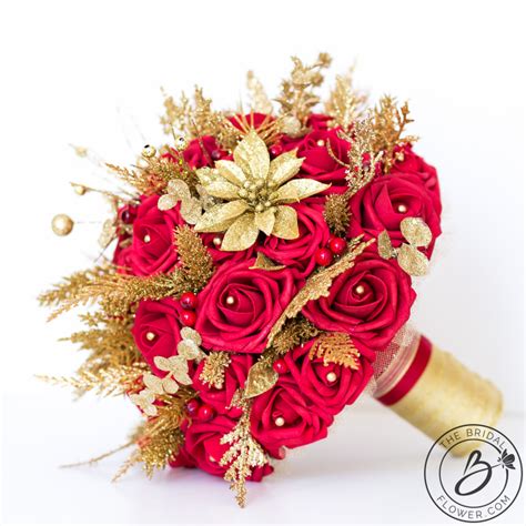 Red and gold glitter winter wedding bouquet – The Bridal Flower – silk and real touch wedding ...