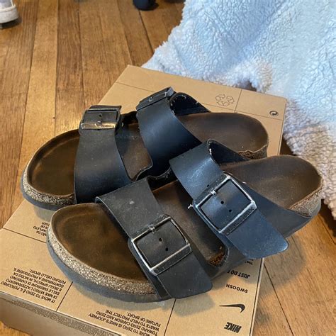 very loved black leather birkenstocks size 37 i... - Depop