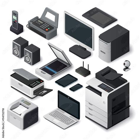 Office equipment isometric printer interior paper furniture style. Set ...