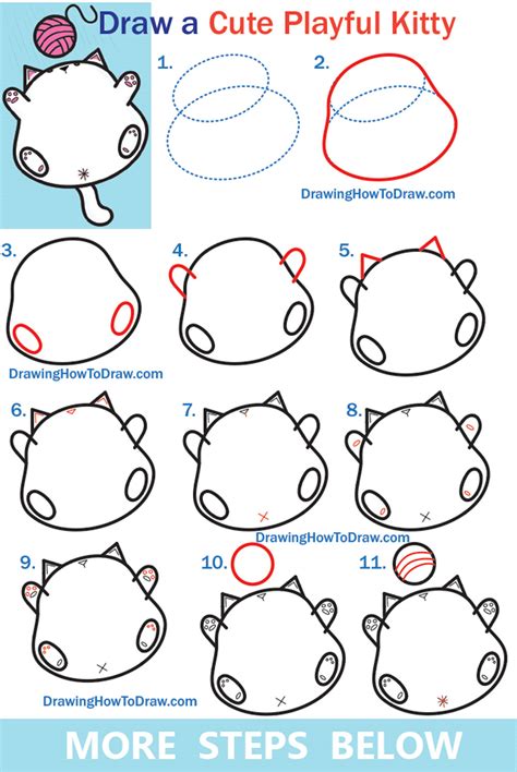 How to Draw a Cute Kawaii Fat Kitty Cat Playing with Yarn on Back Easy Steps Tutorial – How to ...