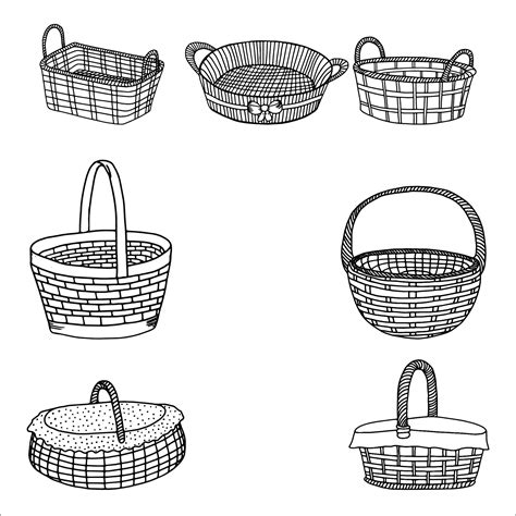 Set of wicker baskets.Contour drawing.Hand drawing with a line.Black and white image.Baskets for ...