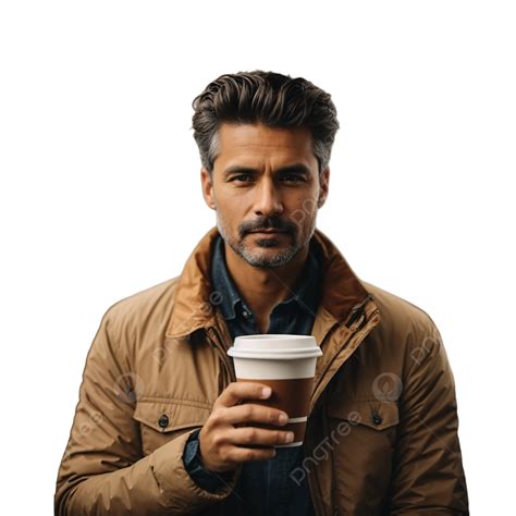 Handsome Bearded Man In Beige Jacket Holding Takeaway Coffee Cup, Handsome Bearded Man, In Beige ...
